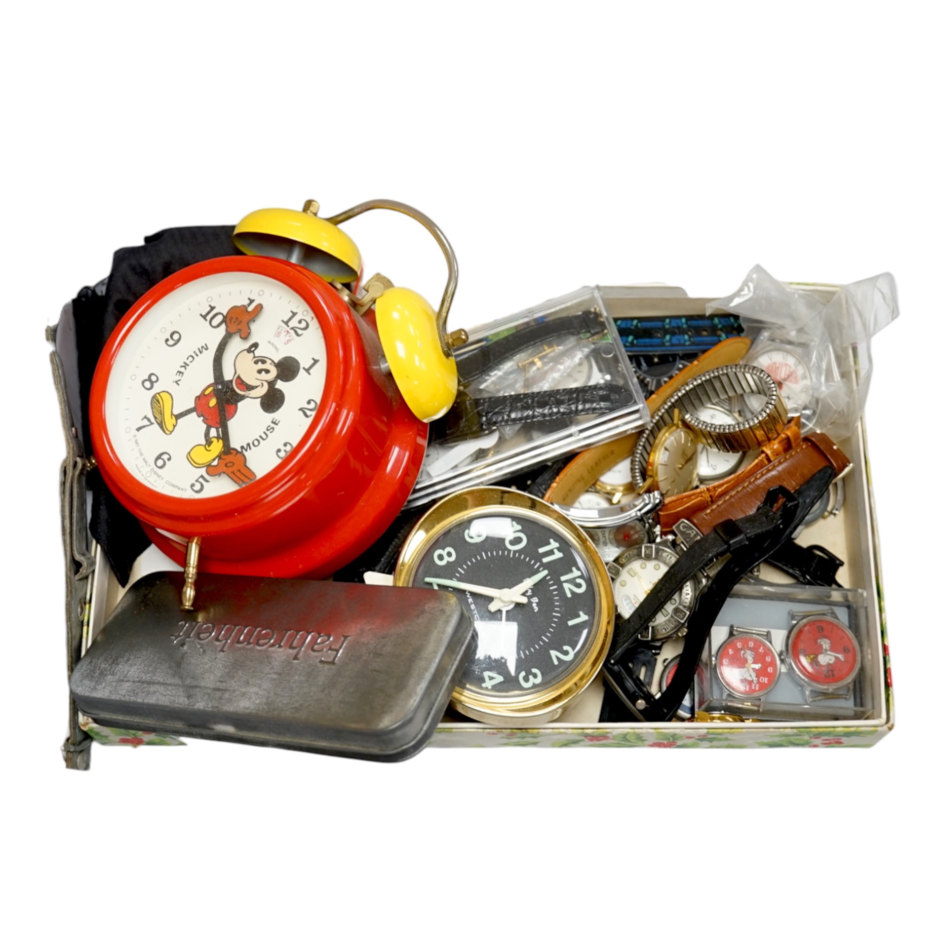 A group of assorted modern wrist watches including Sekonda, Camel and Timex Snoopy, together with two alarm clocks including Mickey Mouse. Condition - poor to fair